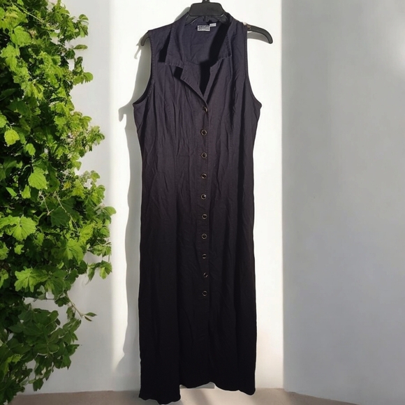 Chicos Design Black Linen Blend Full Button Down Sleeveless Maxi Dress Large 3 - Picture 1 of 5